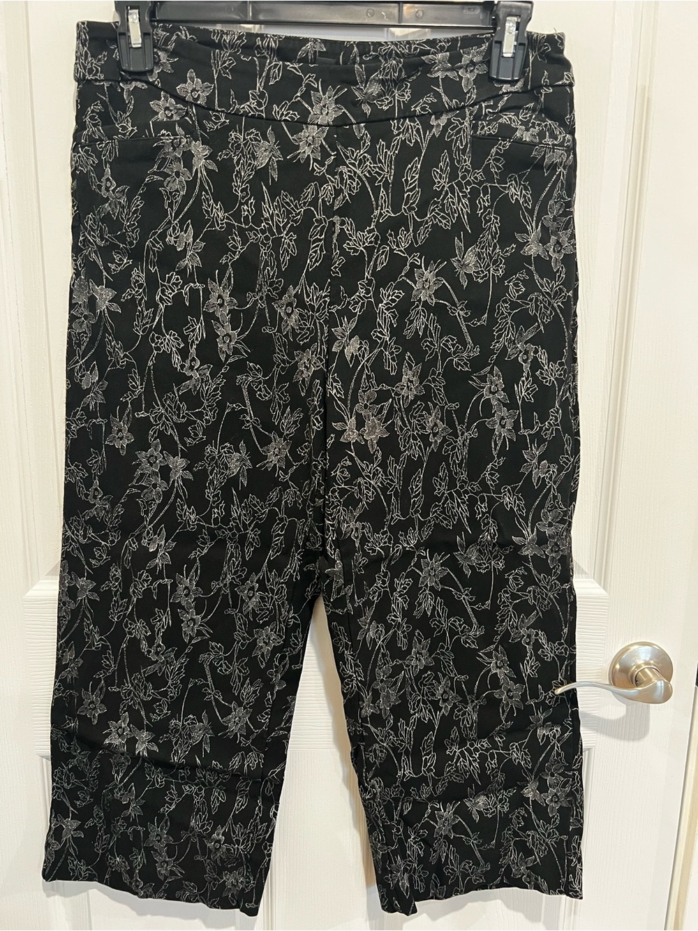 Tribal Black Capri Pants with White Floral Outline